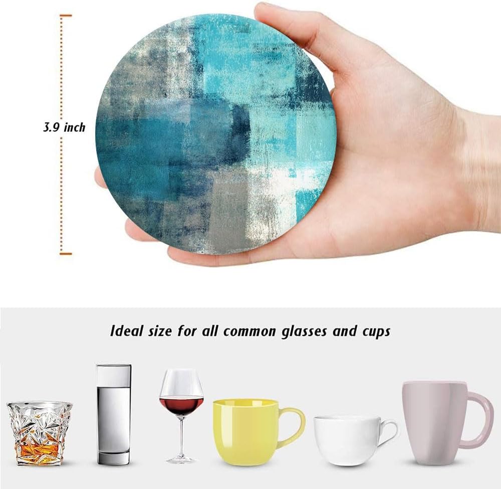 LOKMU Coasters for Drinks,Round Absorbent Ceramic Stone Coaster Sets of 6 with Metal Holder Stand, Turquoise and Grey Abstract Art Coasters with Cork Base for Coffee Wooden Table,Housewarming Gifts
