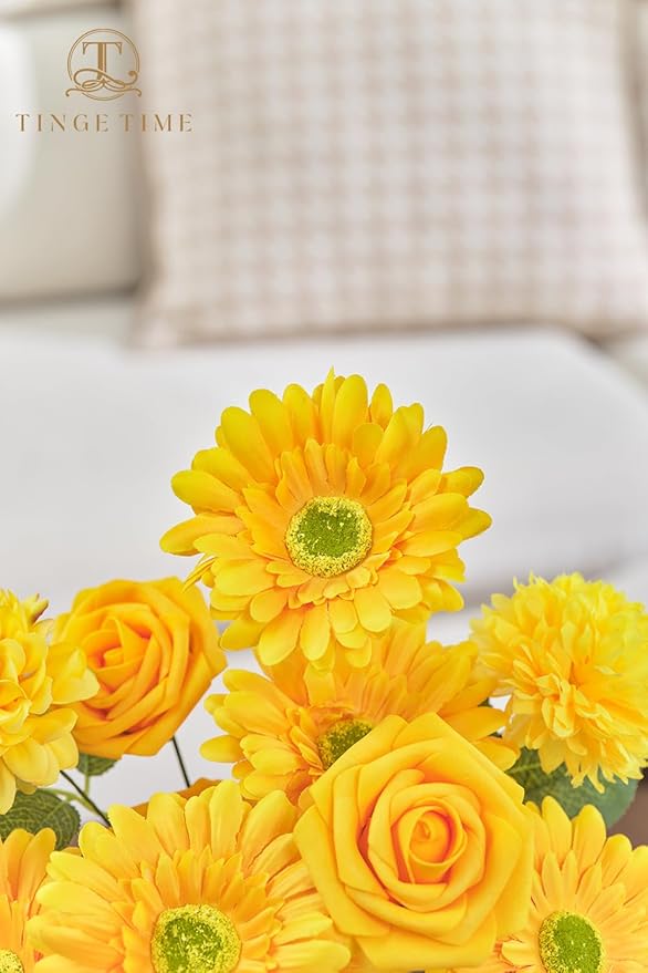 TINGE TIME Artificial Flowers Combo Box Set, Bright Yellow Gradient Color Fake Flower Leaf with Stems for DIY Wedding Bouquets Table Centerpieces Baby Shower Home Party Floral Arrangements Decorations