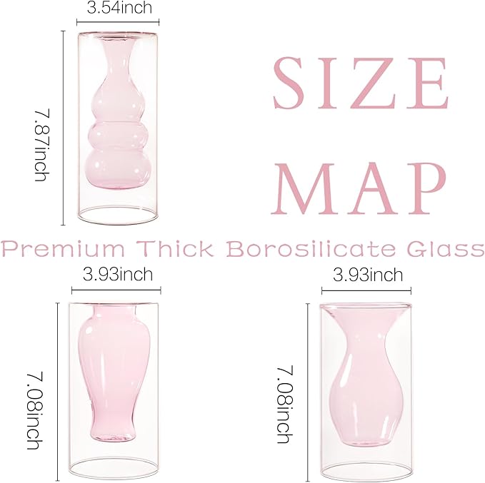 ZENS Unique Small Pink Flower Vase Set of 3, Modern Floating Decorative Vases, Double Hollow Cool Glass Vases, Hand Blown Bud Vases for Home Small Bouquet, Wedding Centerpieces