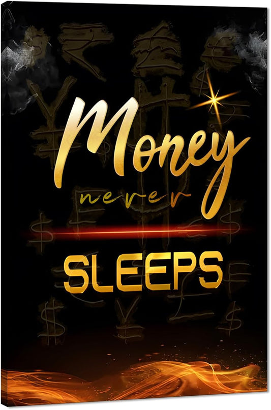 Black and White Golden Yellow Money Never Sleeps Positive Quotes Office Wall Art Framed Inspirational Artwork Living Room Bedroom Wall Decor Ready to Hang-24x36 inch