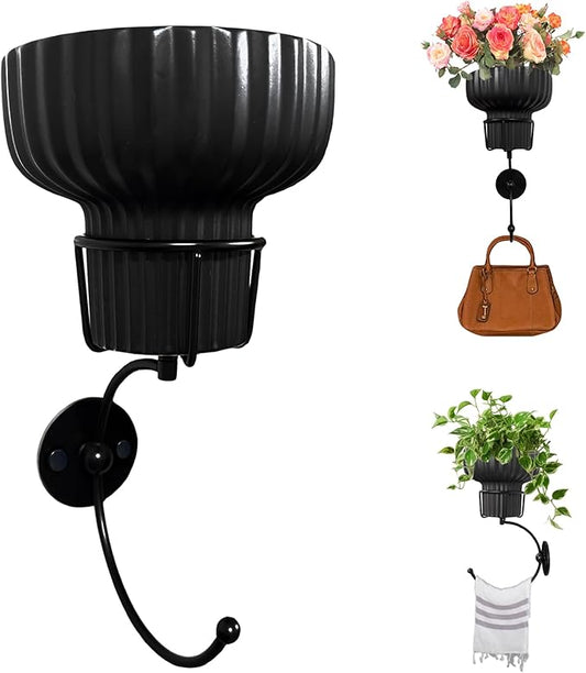 Hanging Plant Wall Vessel for Flowers with Hook, Indoor Outdoor Boho Bathroom Decor Wall Art Planter Mounted Vase (Black)