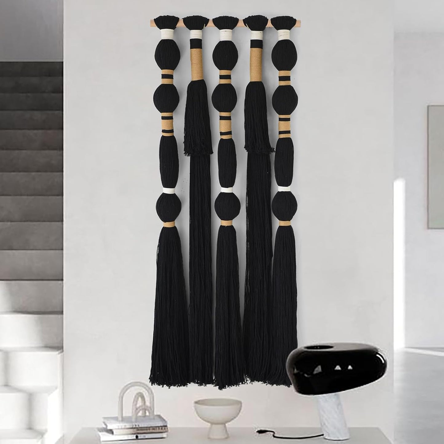Flber Macrame Wall Hanging Black Sphericity Cotton Tassels Textile Hanging Geometric Yarn Wall Art for Bedroom Living Room Decor 15.7" W x 39" L