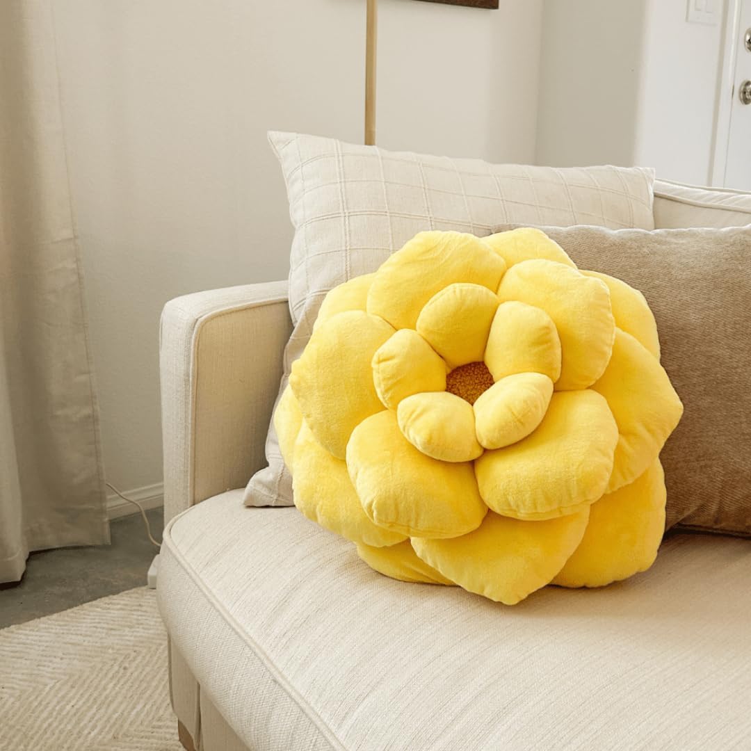 Green Philosophy Co. Camellia Plush Flower Pillow - Lemon Yellow