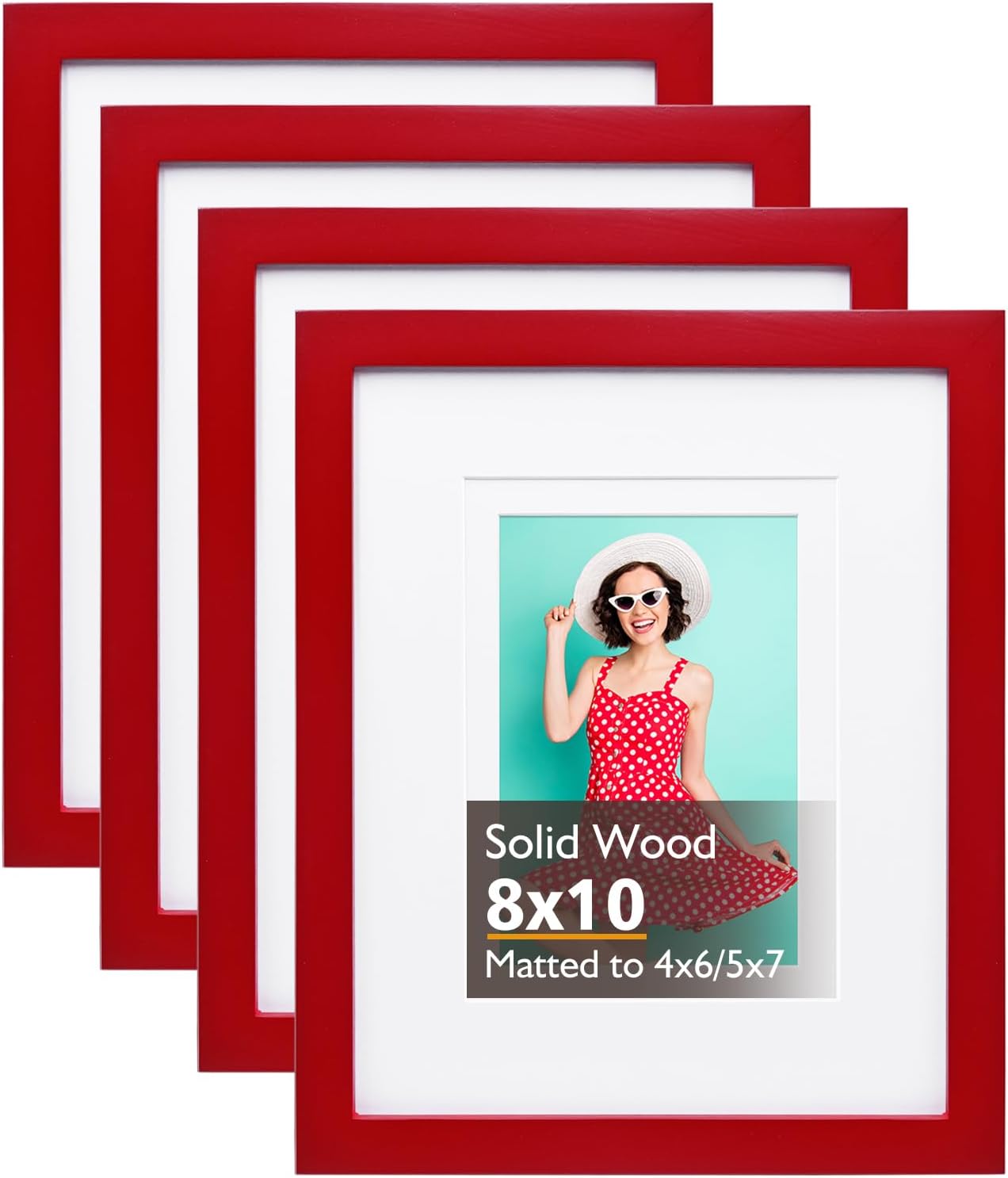 KINLINK 8x10 Picture Frames Red, Solid Wood Frames with Acrylic Plexiglass for Pictures 4x6/5x7 with Mat or 8x10 without Mat, Tabletop and Wall Display Photo Frame, Set of 4