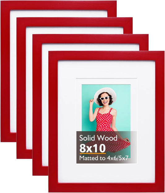 KINLINK 8x10 Picture Frames Red, Solid Wood Frames with Acrylic Plexiglass for Pictures 4x6/5x7 with Mat or 8x10 without Mat, Tabletop and Wall Display Photo Frame, Set of 4