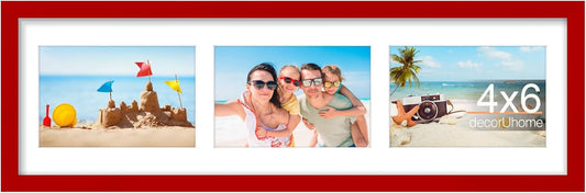 decorUhome 6x20 Picture Frames Collage Wall Decor, Display 3Pcs 4x6 Photos with Mat or 1Pcs 6x20 Unmatted, 3 4x6 Collage Picture Frames for Wall Mounting, Red