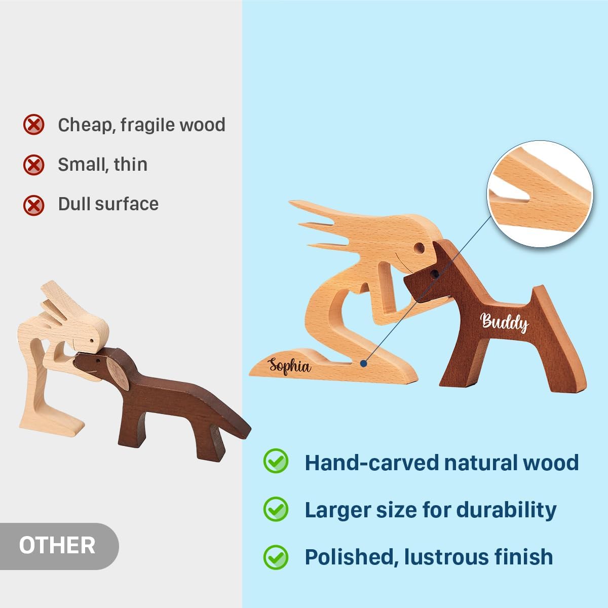 DOPTIKA Personalized Dog Statues - Wooden Sculpture Decor, Table Decor Pet Carvings, Dog Mom Gifts, Housewarming Ideas