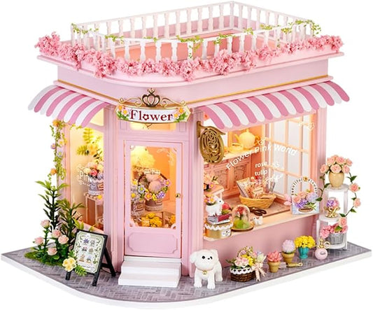 TuKIIE DIY Miniature House Kit with Furniture, 1:24 Scale Creative Room Mini Wooden Dollhouse Book Nook Plus Dust Proof & Music Movement for Kids Teens Adults(Flower Shop)