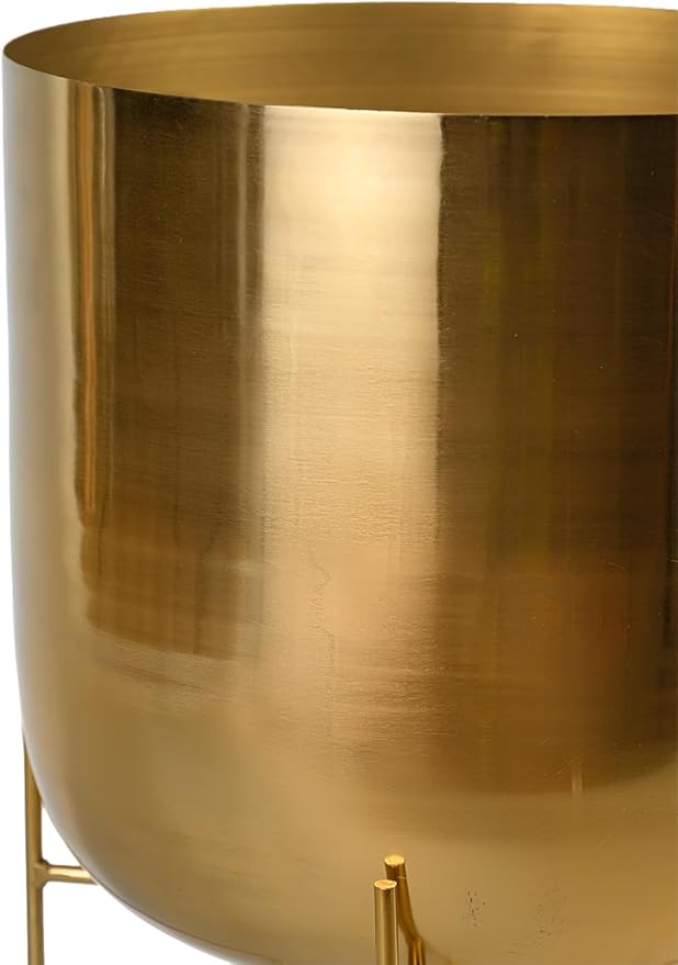 Serene Spaces Living Modern Mid‑Century Metal Indoor Planter with Stand, Gold Planter Pot, Indoor Plants – Decorative Planter Holder for Living Room, Kitchen & Office, 14" Diameter & 24" Tall