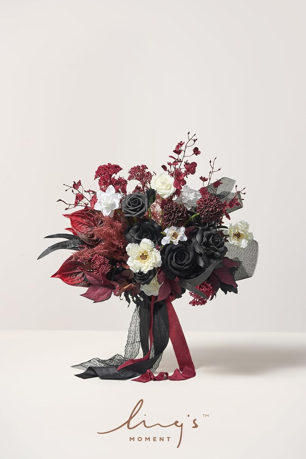 Ling's moment Black and Burgundy Wedding Bouquets for Bride, Gothic Bridal Bouquets for Bride, 15 Inch Free Form Artificial Wedding Flower Bouquet
