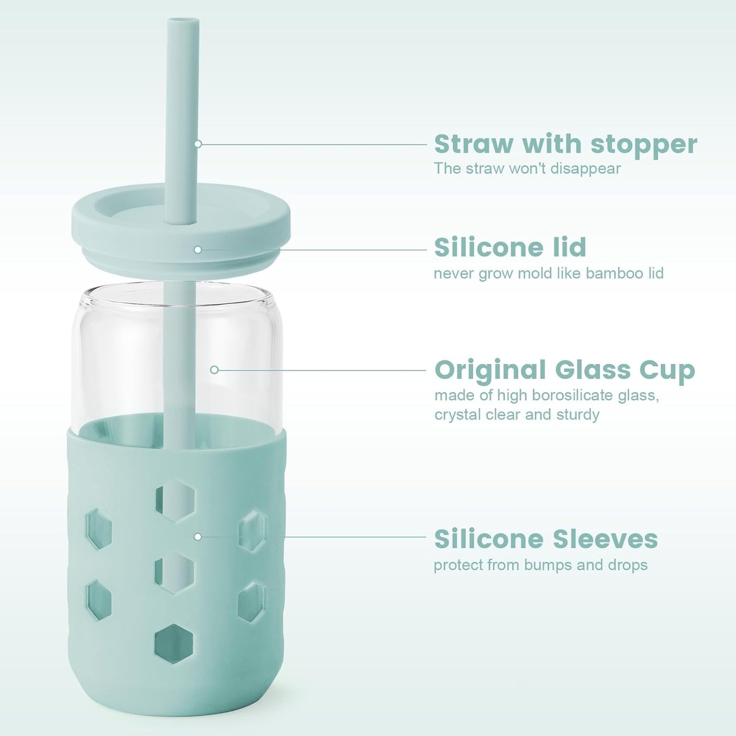 Glass Cups with Silicone Lids and Straws (4 Pcs), 16oz Drinking Glasses Set with Silicone Sleeves for Coffee Bar Accessories Iced Coffee Cups with Lids, Glass Tumbler Reusable for Gifts