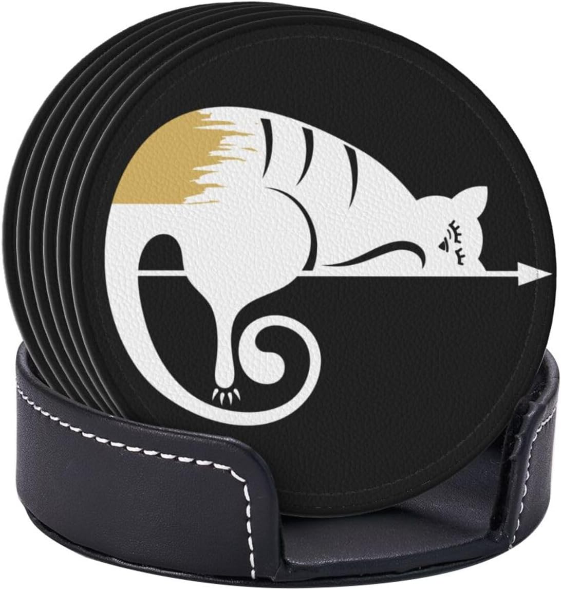 Funny Cat Print Leather Drink Coasters Set of 6 with Holder Round Cup Coaster for Table Decor