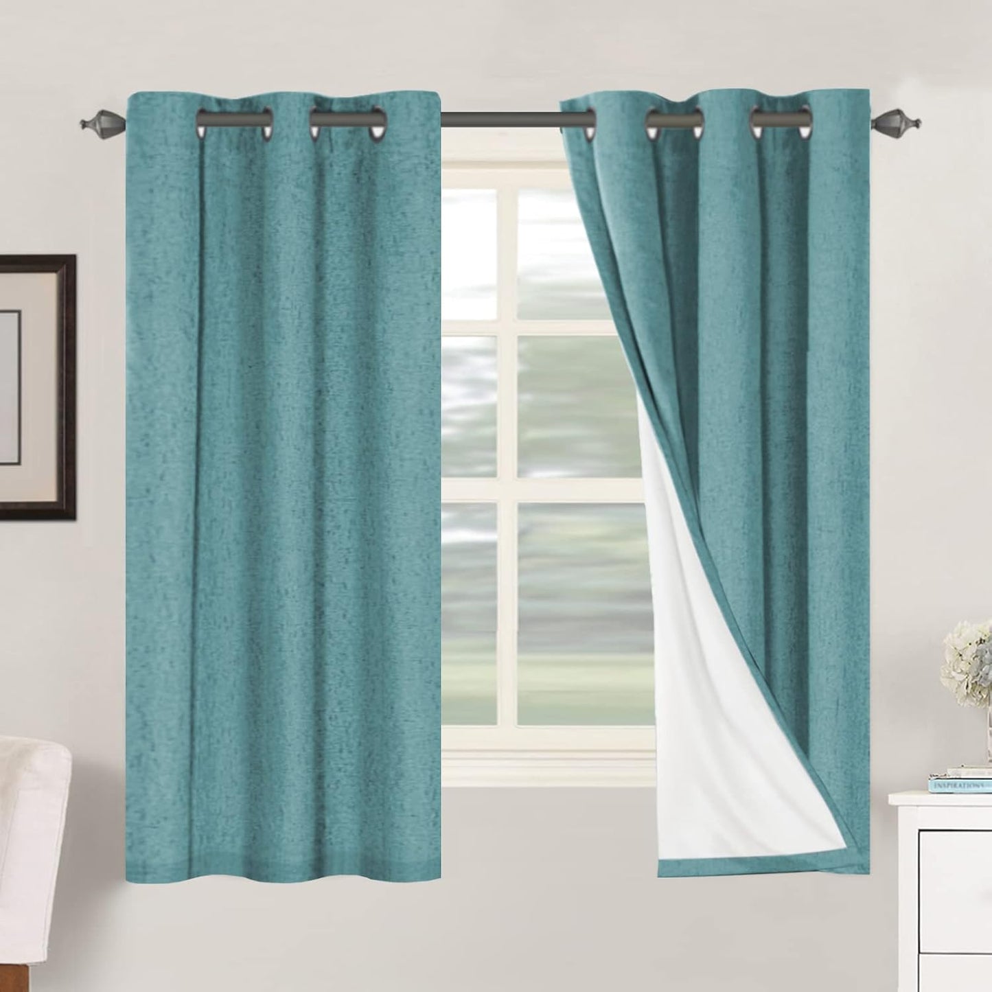 H.VERSAILTEX Primitive Linen Curtains 100% Blackout Curtain Drapes Burlap Fabric Curtains with White Thermal Insulated Liner, Grommet Top Drapes Living Room/Bedroom (2 Panels, 42 x 63 Inch, Teal)