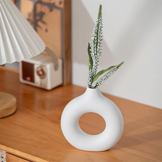 White Ceramic Vases Set of 3, Minimalist Nordic Modern Style, Round Donut Vase for Dried Flowers, Pampas Grass & Fresh Blooms,Boho Home Decor for Table Shelf Living Room Office (White)