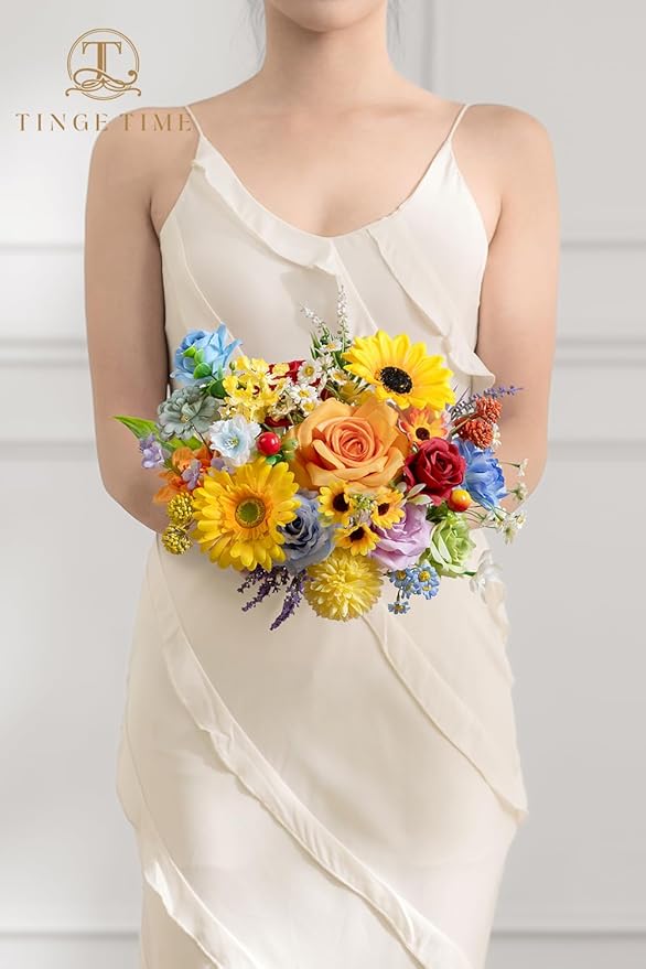 TINGE TIME Fake Flowers Artificial Flowers Peonies Bulbous Chrysanthemum Daisy Hydrangea Sunflower Violets Dahlia Daffodils Epiphyllum Orchid Cherry Blossom Camellia Leyaron (Rainbow Colorful)