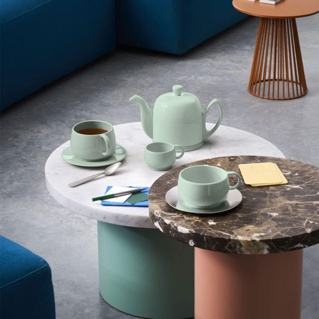 Degrenne Salam Luxury French Tea Pot - Porcelain Teapot with Stainless Steel Cover, Ceramic Tea Kettle for Loose Tea, Removable Infuser, 4 Cup Capacity, 24oz - Monochrome Mint