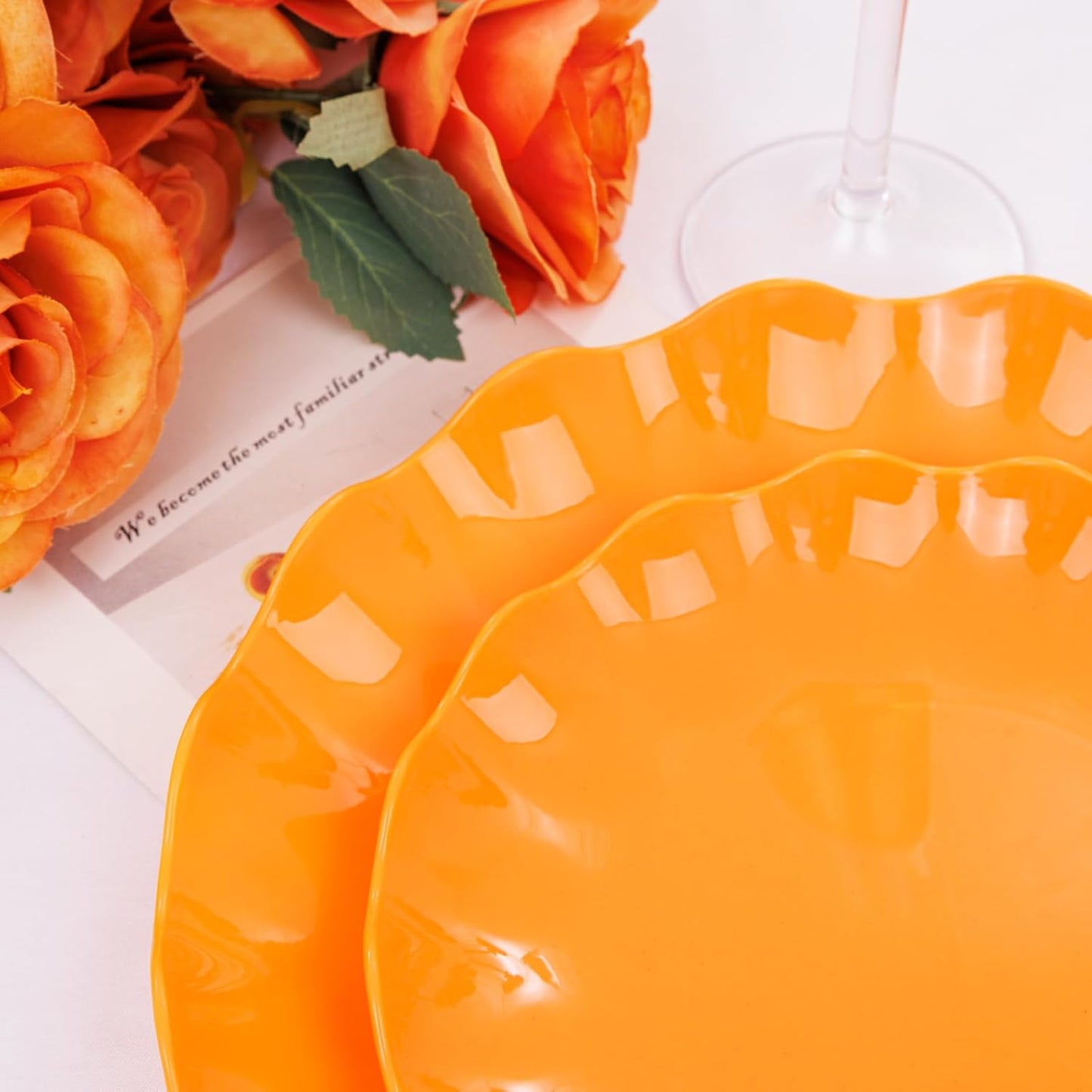 LIYH 24 Pcs Orange Scalloped Plates - Sturdy Plastic Orange Plates for Halloween & Thanksgiving Party Dishwasher Safe Reusable (12 Guests)