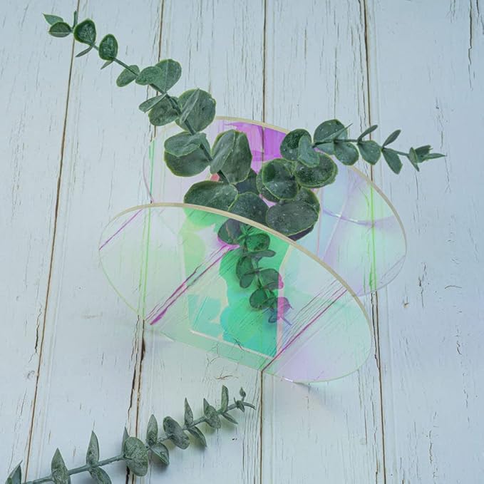 Iridescent Acrylic Vase for Artificial Flower Fake Eucalyptus Plant Leaves Office Home Decor Contemporary Tabletop Minimalist Geometric Mini Decoration Make Up Brushes Organizer Holder（RainbowRound）