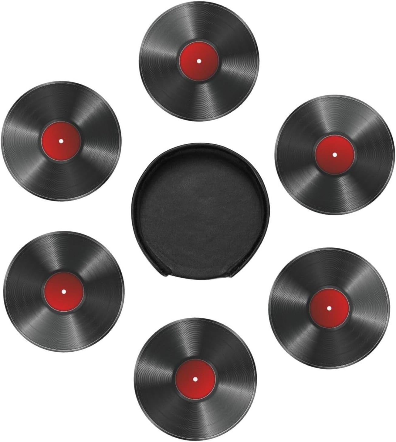 Drink Coasters with Holder Stand Set of 6, Phonograph Record Vinyl Pu Leather Absorbent Coasters with Cork Base Round Table Coaster for Housewarming Apartment Kitchen Bar Decor