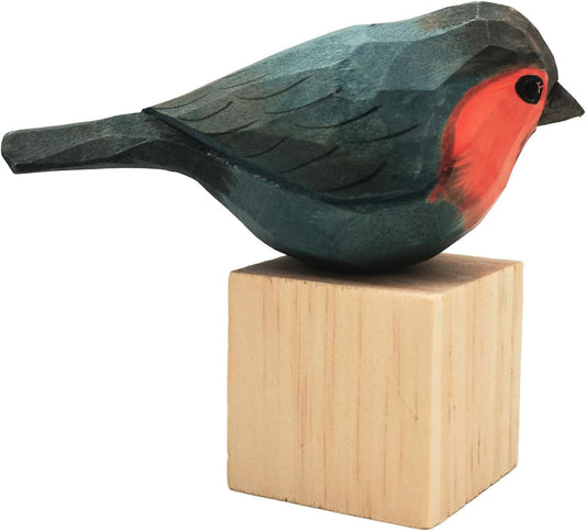 DIYOMR Bird Figurine, Hand Carved Birds Wood Décor, Art Animal Wooden Sculpted Bird with Wood Block, Vivid Bird Statue for Gift Home Table Ornament Decor (Robin Bird)