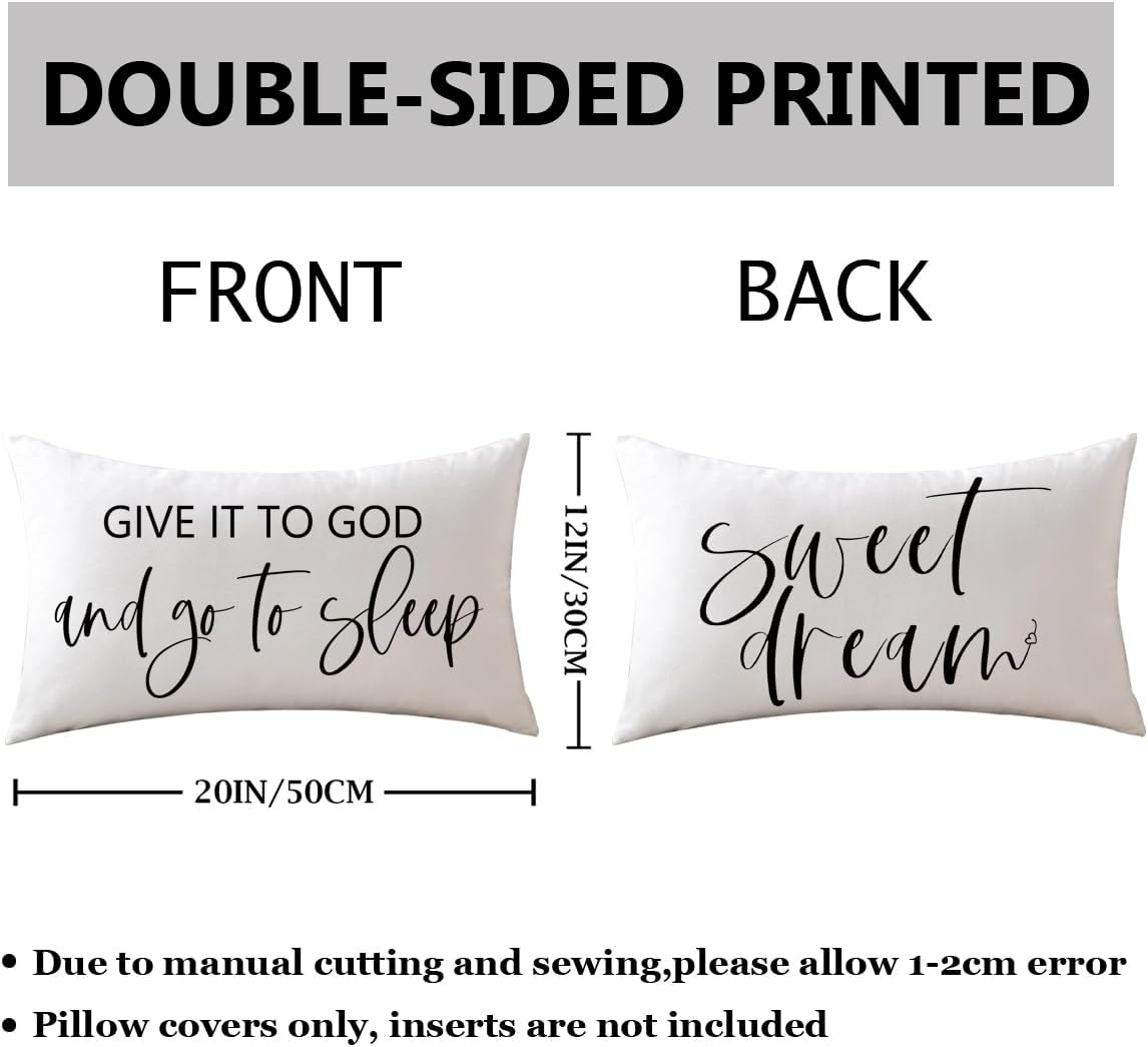 Bedding Decorative Pillowcases Reversible Give It to God and Go to Sleep Cushion Covers Sleep Themed Throw Pillow Covers 12''x20'' for Bedroom Guest Room Housewarming Gifts (White)