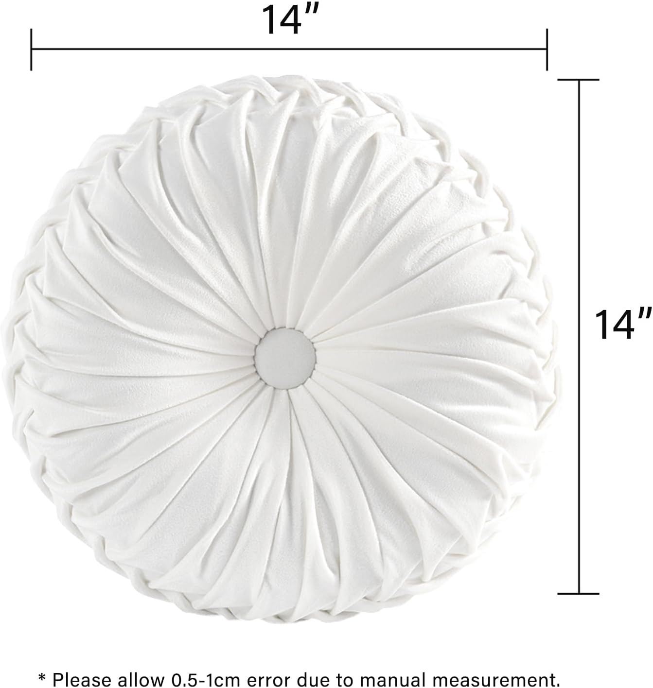HIG Set of 2 Decorative Round Pleated Throw Pillows, Classy Accent Pumpkin Throw Pillows with Center Button, Vintage Velvet Floor Pillows for Sofa Vanity Chair Bed, White, 14.5" Diameter(Ripple)