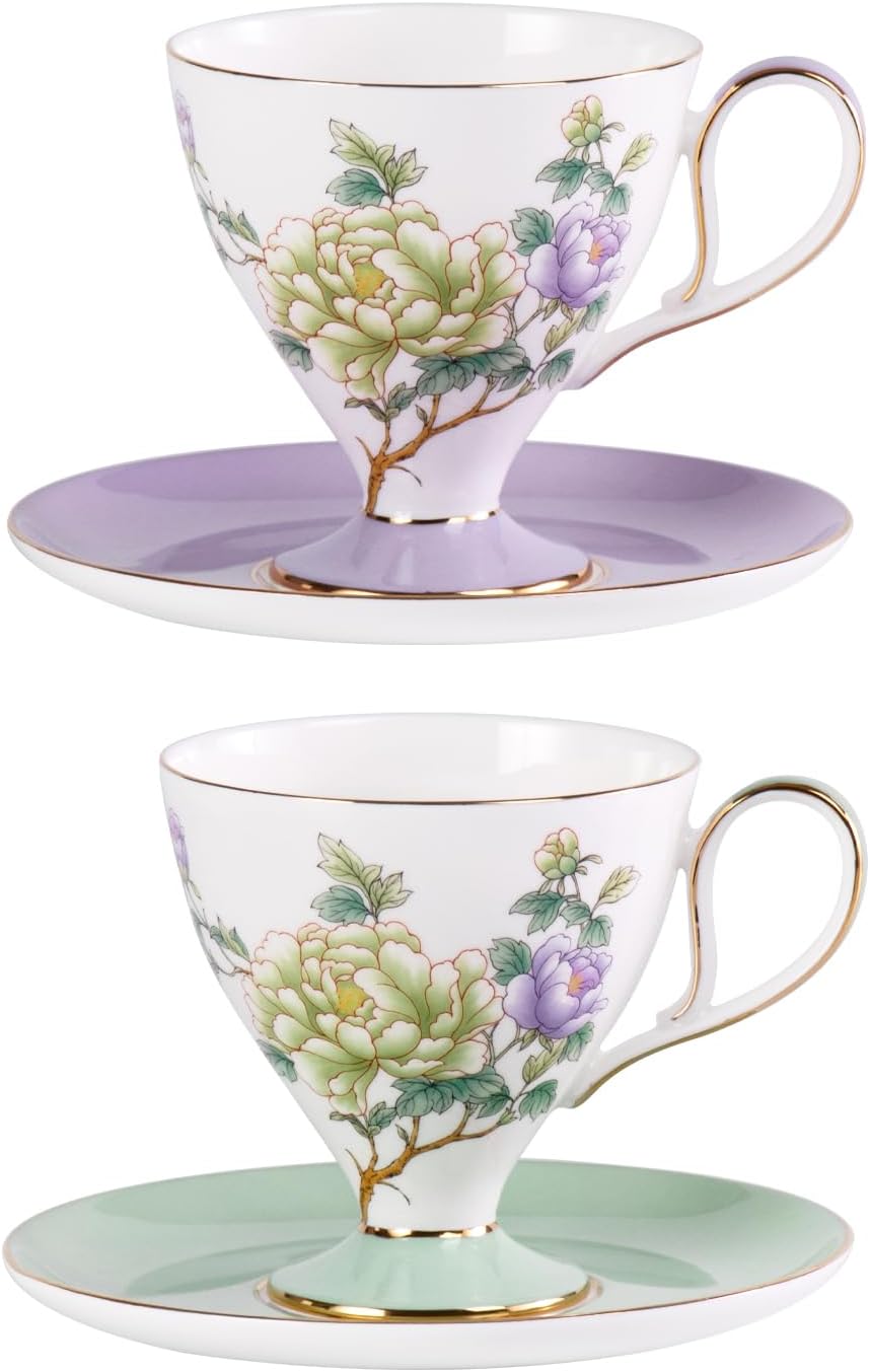 KAMMAK Ceramic Coffee Cups Saucers Set of 2, Porcelain Espresso Cups with Saucers, 8.12 oz Handcrafted Elegant Bone China Tea Cups, Purple Purple & Mint Green Flower Teacup for Party, Office, Gift