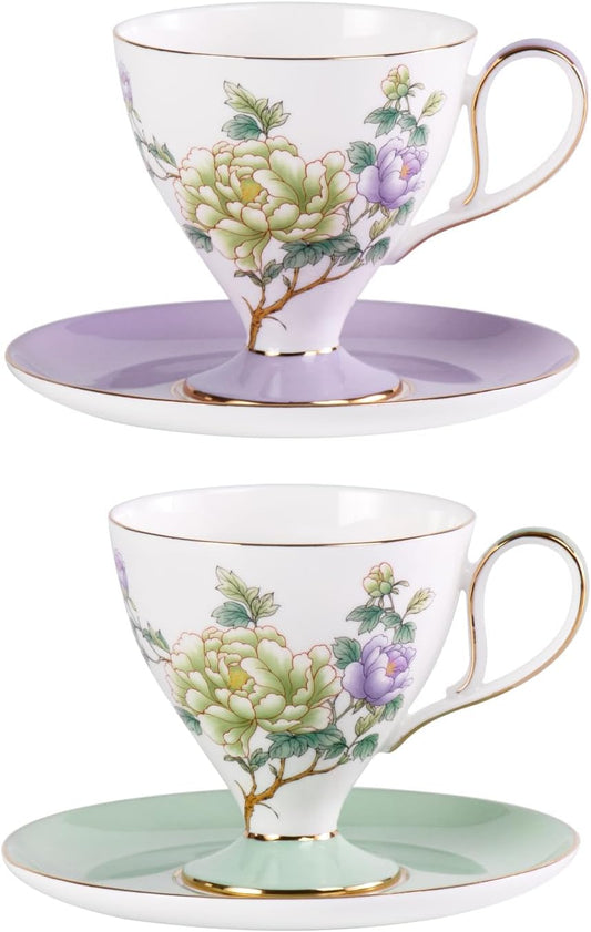 KAMMAK Ceramic Coffee Cups Saucers Set of 2, Porcelain Espresso Cups with Saucers, 8.12 oz Handcrafted Elegant Bone China Tea Cups, Purple Purple & Mint Green Flower Teacup for Party, Office, Gift