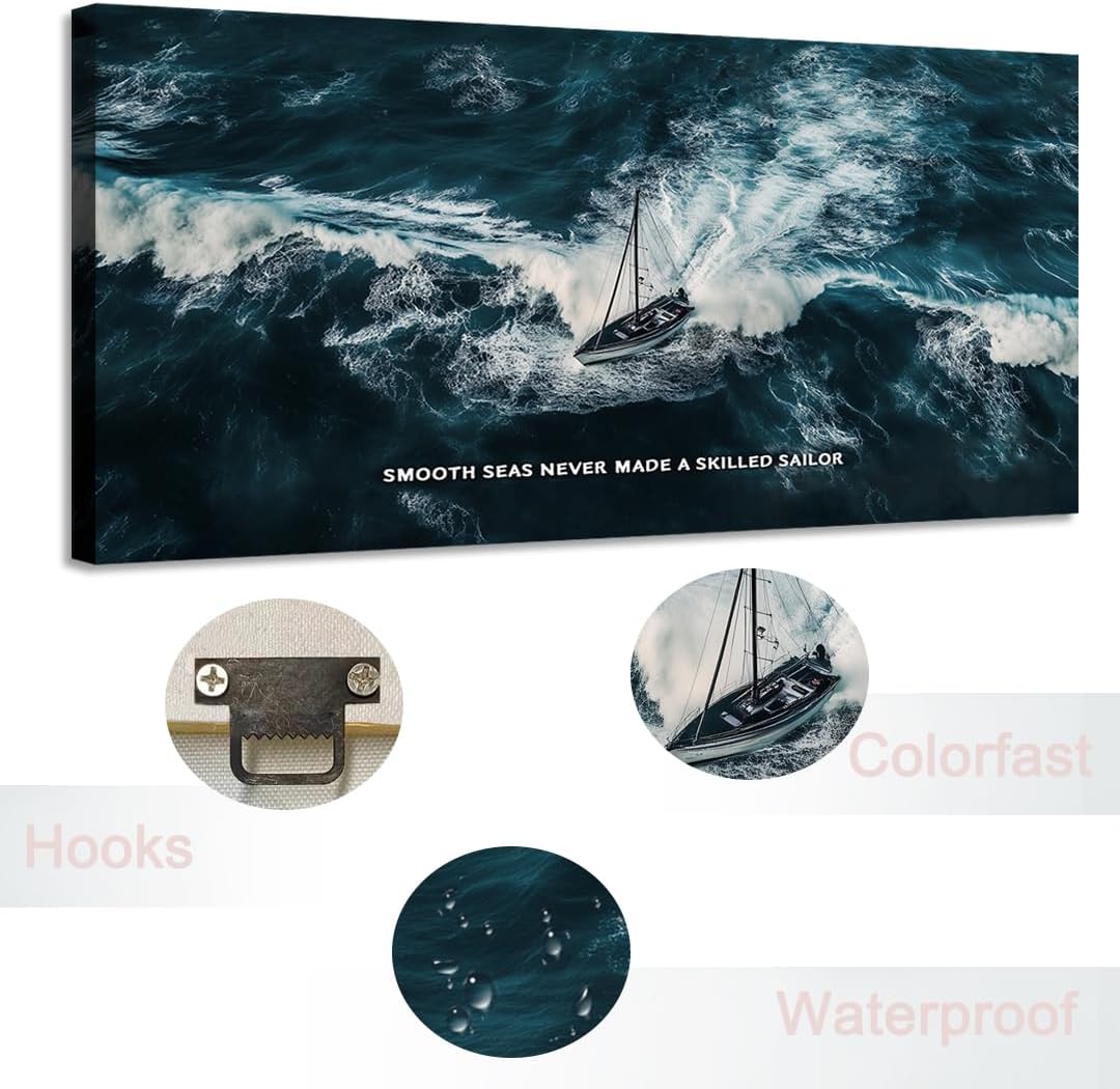 GoForArt Ocean Motivational Canvas Wall Art, Inspirational Sea Famous Quote Bedroom Living Room Decor, Positive Modern Landscape Mountain Office Dorm Room Poster Print (Skilled Sailor02, 12.00''x22.00'')