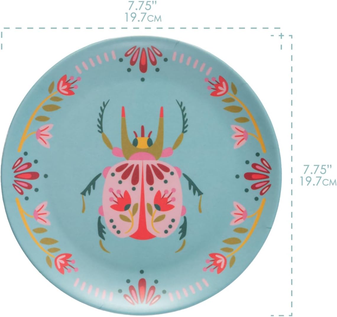 Karma, 7.75 inches Melamine Dessert Plates Set of 4, Reusable Dishwasher Safe Plates for Outdoor and Indoor, Bugs
