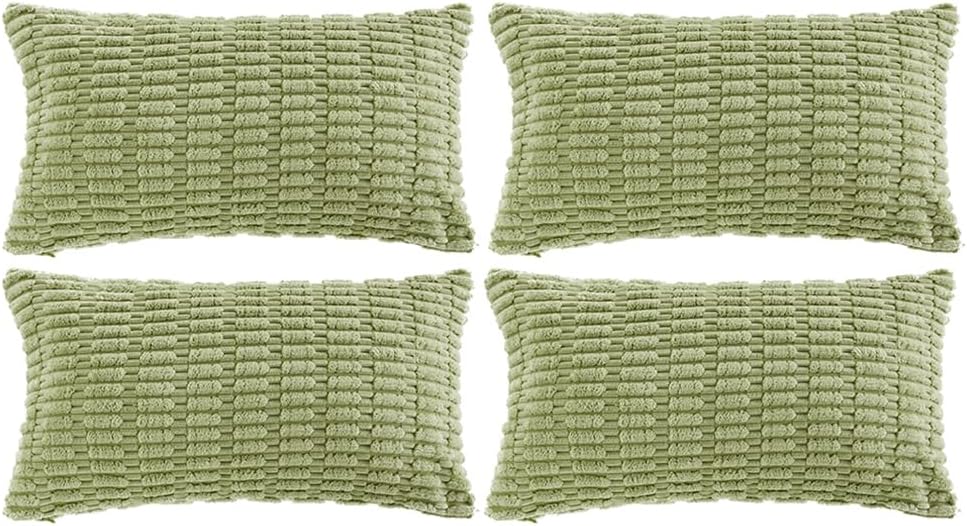 Fancy Homi 4 Packs Sage Green Decorative Throw Pillow Covers 14x24 Inch for Living Room Couch Bed Sofa, Rustic Farmhouse Boho Home Decor Soft Plush Striped Corduroy Square Cushion Case 35x60 cm