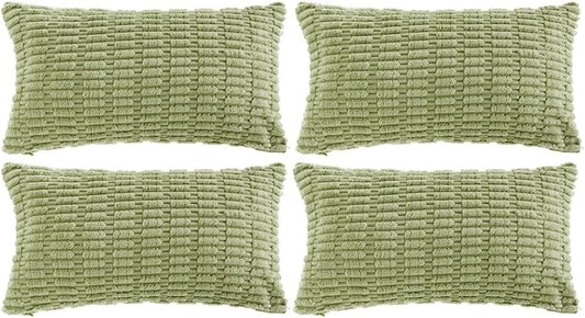 Fancy Homi 4 Packs Sage Green Decorative Throw Pillow Covers 14x24 Inch for Living Room Couch Bed Sofa, Rustic Farmhouse Boho Home Decor Soft Plush Striped Corduroy Square Cushion Case 35x60 cm