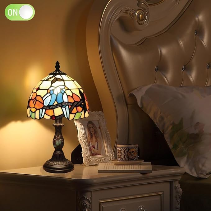 Tiffany Table Lamp 8'', Blue Hummingbird Tiffany Style Table Lamp for Bedroom Study Office Home Stained Glass Lamp