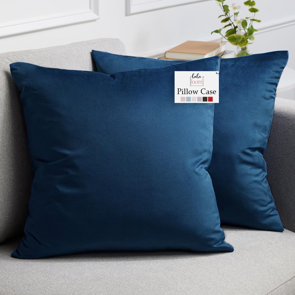 lalaLOOM Velvet Throw Pillow Covers, Set of 2, 24x24 Decorative Square Pillows Home Decor, Soft Accent Cases, Silky Machine Washable Pillowcases for Sofa, Couch, Bedroom, Living Room, Dark Blue