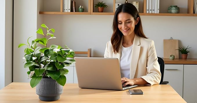 19" Artificial Ficus Plant in Textured Black Ceramic Planter Tall Faux Plant with Deep Green Leaves for Modern Home Office Shelf Bathroom Tabletop Indoor Decor