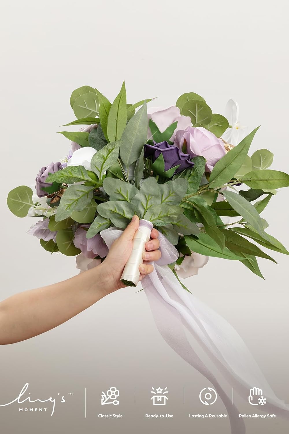 Ling's moment Lilac Wedding Bouquets for Bride, Purple Bridal Bouquets for Bride, 15 Inch Free Form Artificial Wedding Flower Bouquet