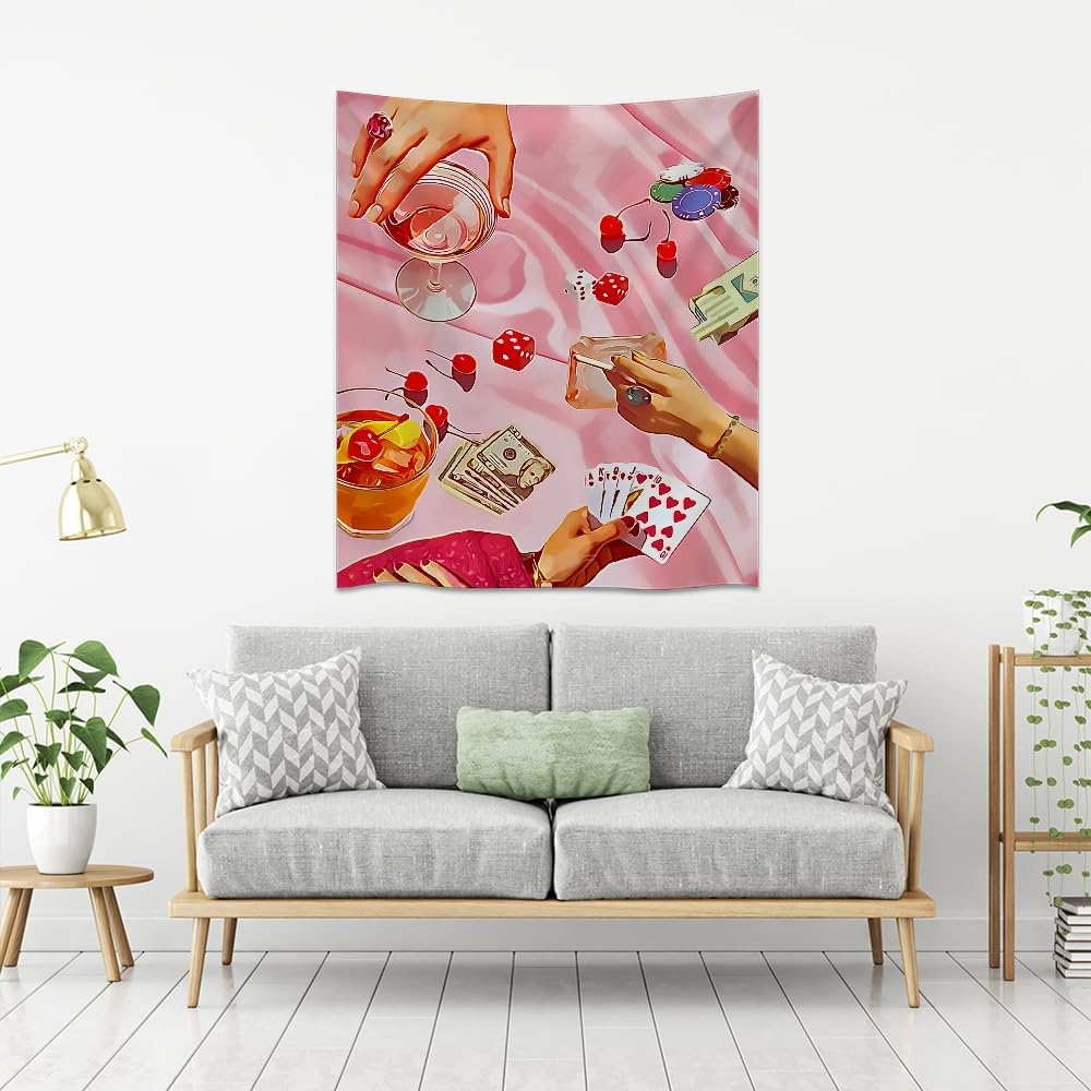 Medpol Retro Casino Night Tapestry Pink Poker Dice Cocktail Wall Hanging Vintage Gambling Aesthetic Decor Tapestries Unique Boho Home Accent Piece for Bedroom Living Room 30x40inch