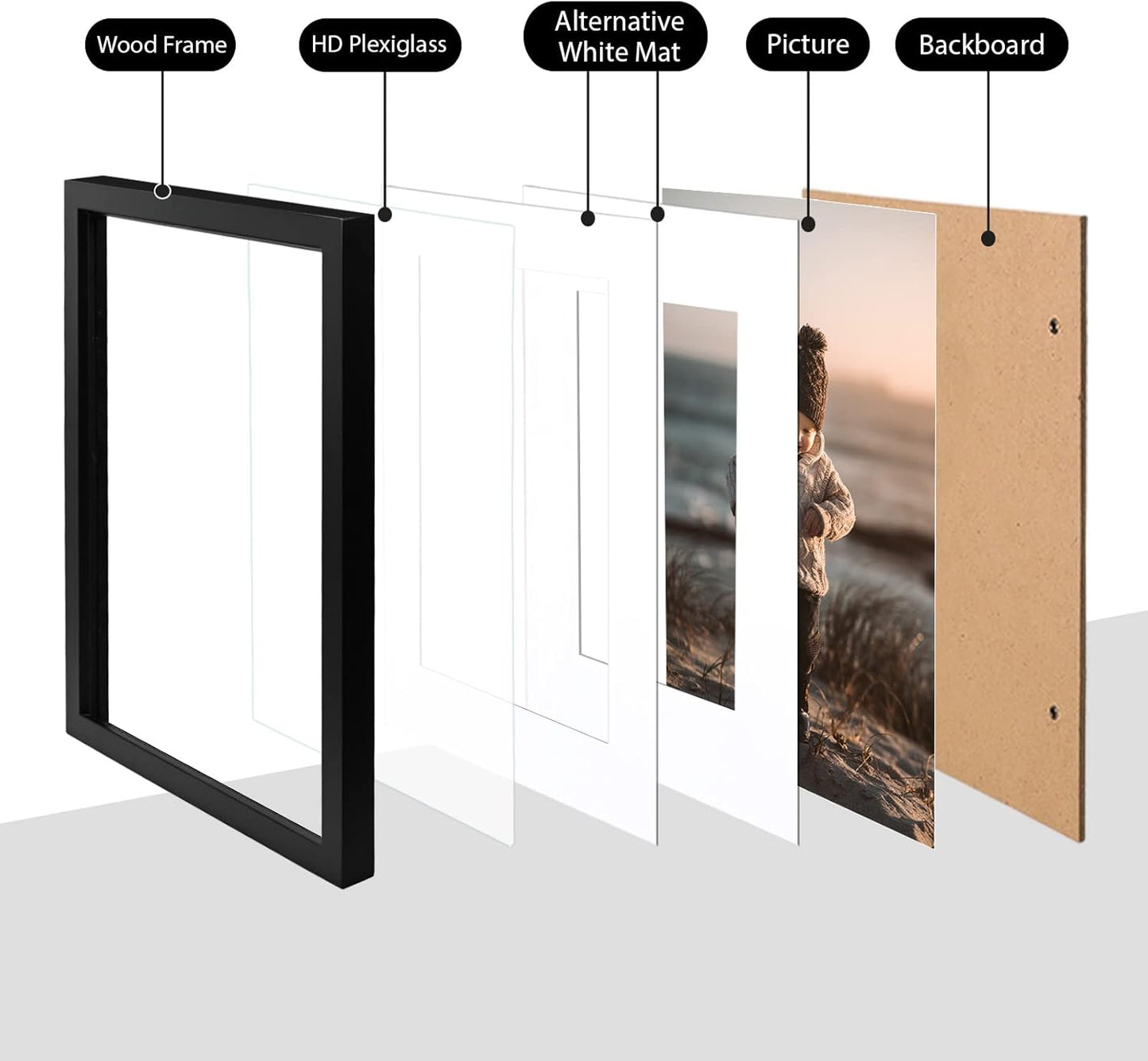 KINLINK 11x11 Picture Frame, Black Square Solid Wood Frames for Pictures 4x4 and 8x8 with Mat or 11x11 without Mat, Wall and Tabletop Display Photo Frames Black 4 Pack