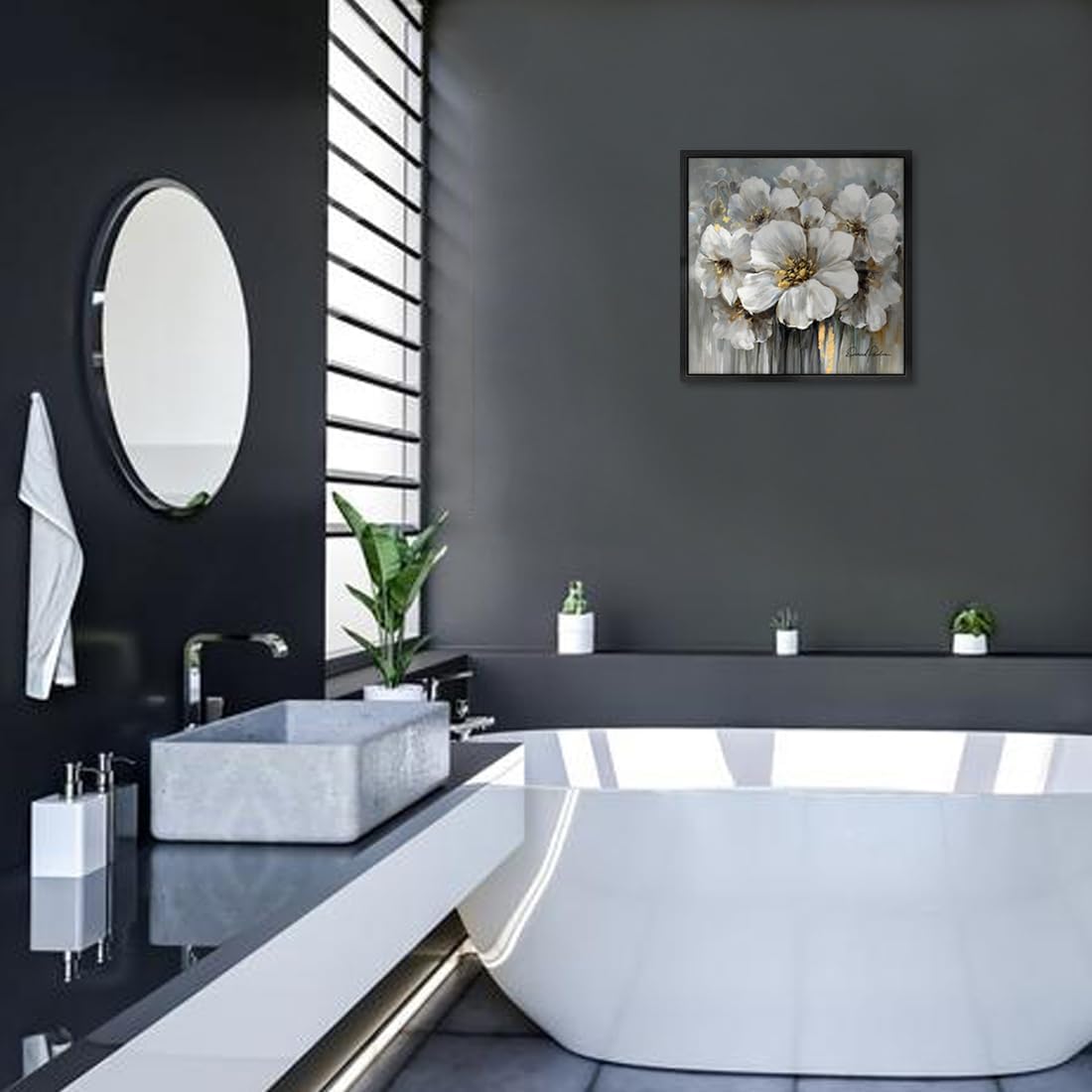 Framed Flowers Canvas Wall Art, 13.5W x 13.5H inch, White Floral and Black Frame