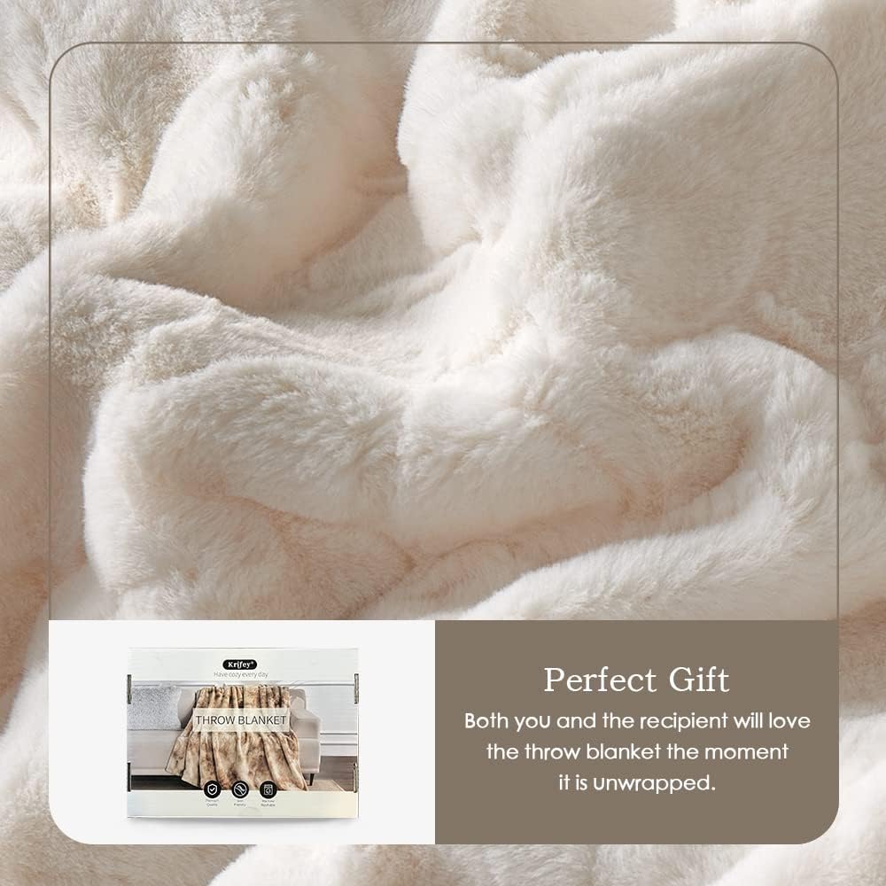 Krifey Faux Fur Throw Blanket, Super Soft Cozy Blanket, Luxury Fluffy Blanket Warm Bed Throw, Plush for Women, Ivory 50" x 60"