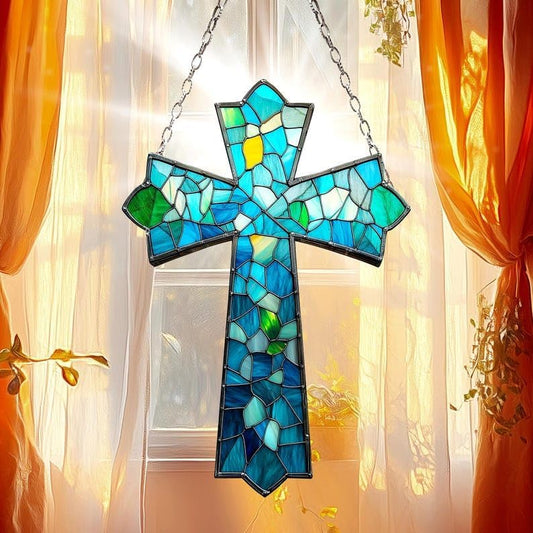 Cross Window Hanging Suncatcher Faux Stained Hummingbirds and Flowers for Women Elegant Home Wall Decor Suncatchers Indoor Window Suncatchers Windows Garden