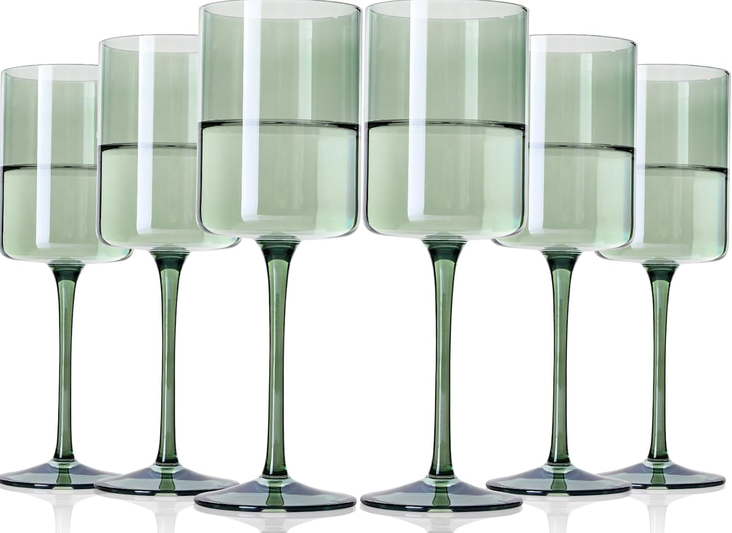Green Square Wine Glasses Set of 6 - Hand Blown, Colorful With Tall Long Stems, Modern Set for All Occasions - 14oz