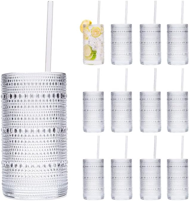 Hobnail Drinking Glasses Vintage Glassware SetVintage Glassware Set (12CLEAR-ADD STRAWS)