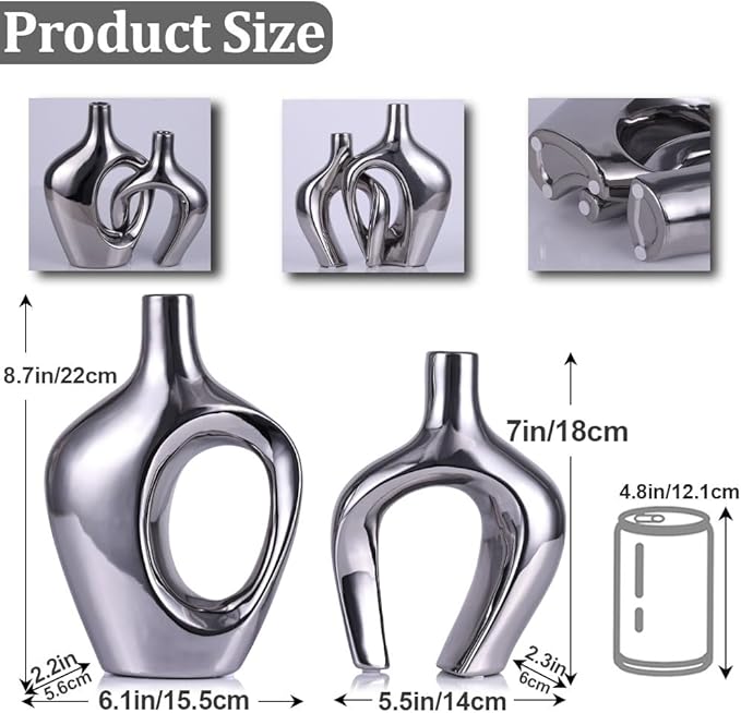 Silver Hollow Ceramic Vases Set of 2 - Modern Nordic Boho ins Style Vases for Decor, Decorative Pampas Grass Flower Vases for Wedding, Living Room, Office, Entrance, Dining Table Decor Centerpieces