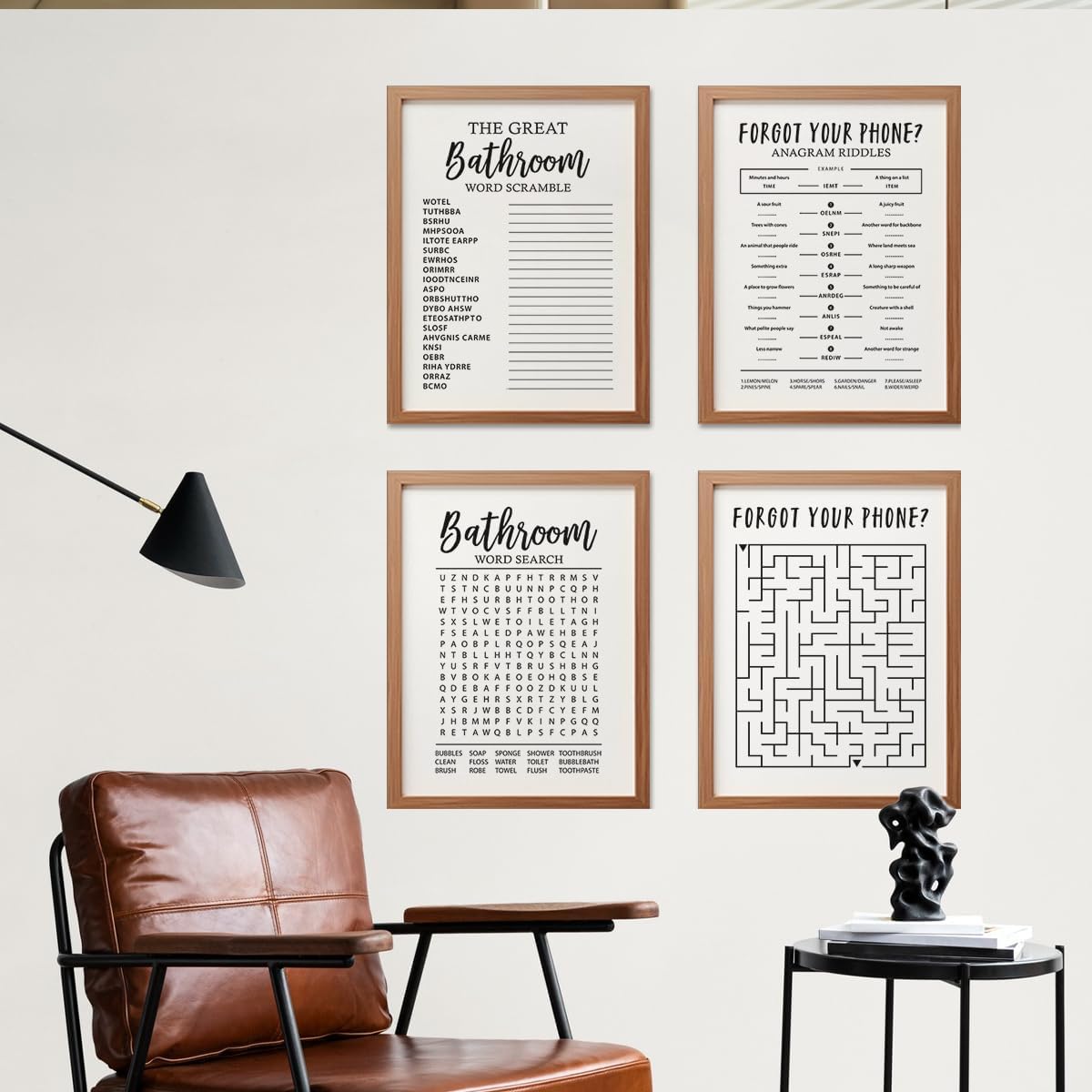 ETVISO Funny Bathroom Decor Wall Art Set of 4, Funny Crossword Puzzle Wall Art, Funny Forget Your Phone, Bathroom Word Search Wall Decor, 12x16 (Unframed)