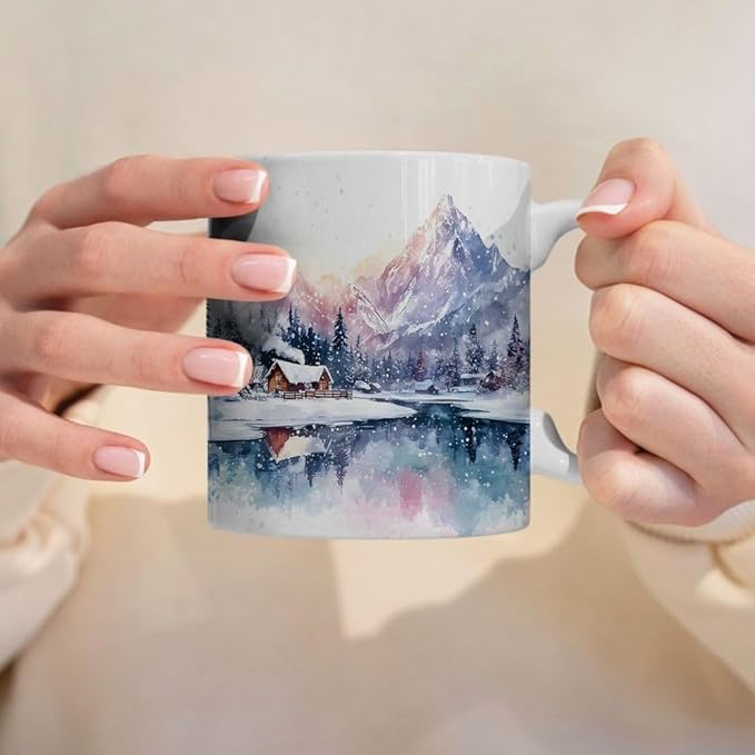Winter Mountain Coffee Mug - Mountain Lover Mugs Gifts for Women Men - Birthday, Christmas Gift for Friend Mom Dad Wife Husband - Watercolor Printed 11oz Ceramic Mug