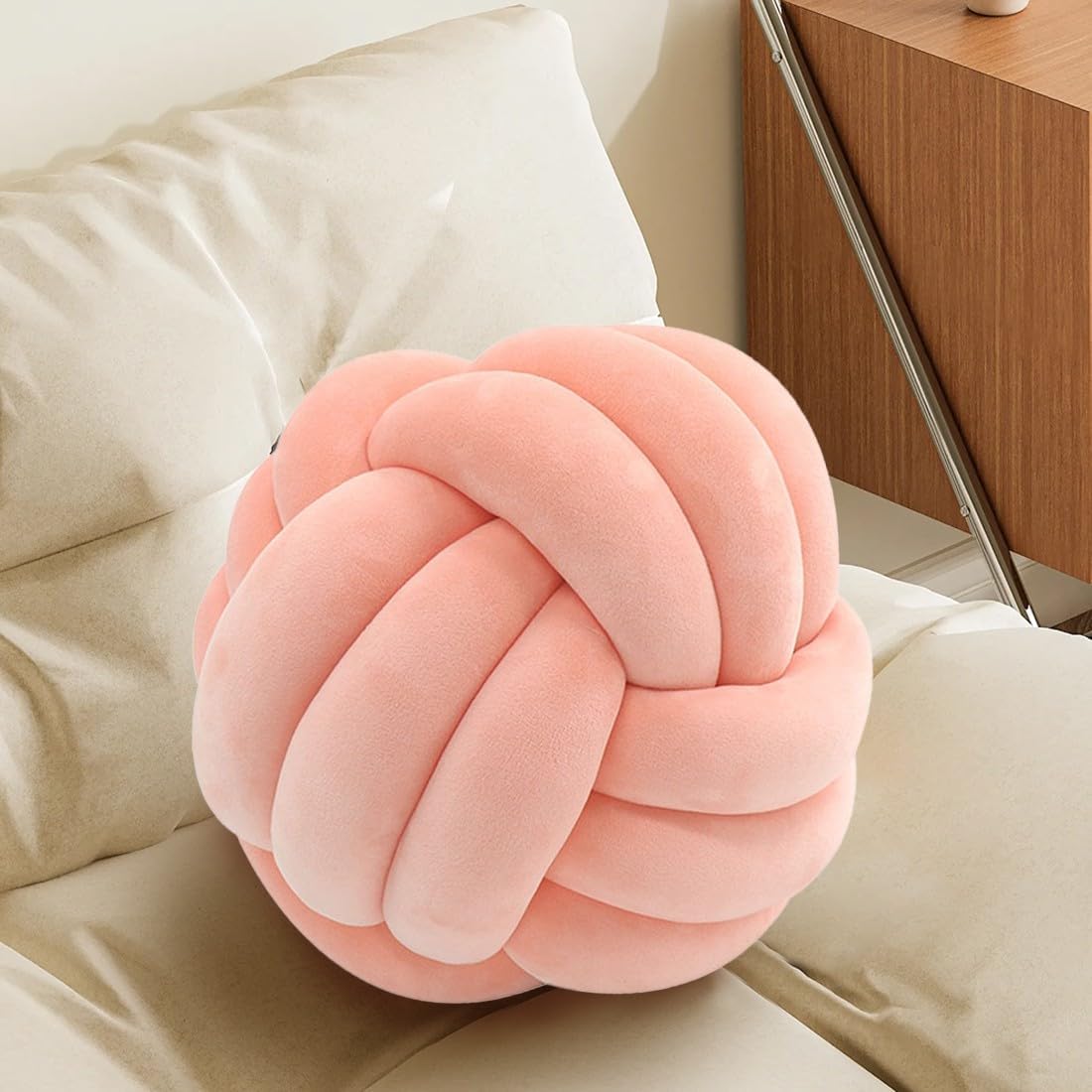 Knot Pillow Ball, Handmade Decorative Throw Pillow, Soft Round Knotted Cushion for Couch & Bedroom, Cute Home Decor, Braided Pillow for Living Room (13.8 Inches, Coral)