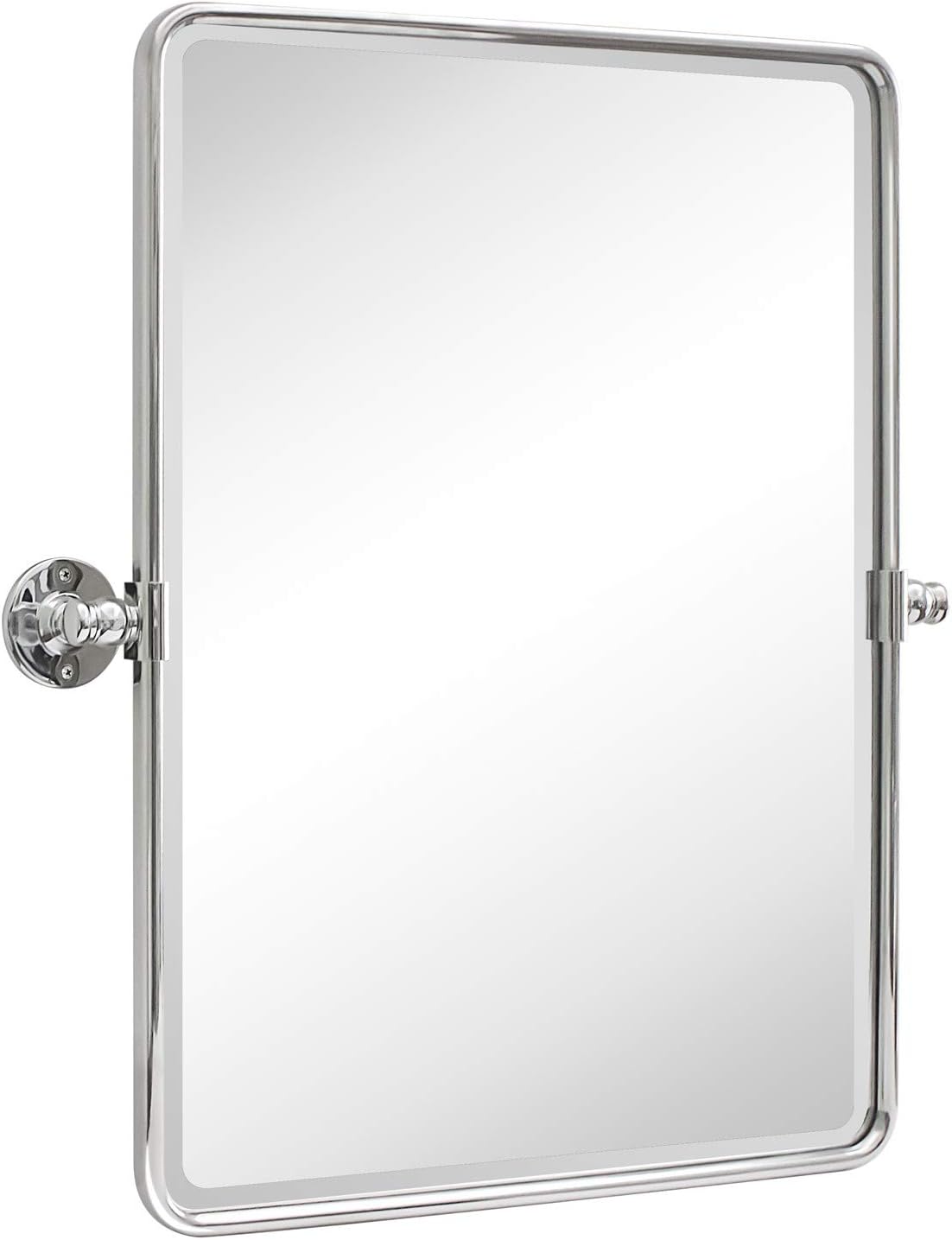 Farmhouse Chrome Metal Framed Pivot Rectangle Bathroom Mirror Rounded Rectangluar Tilting Beveled Vanity Mirrors for Wall, Overall 22.91 x 24 inches (Mirrror 19 x 24 inches)