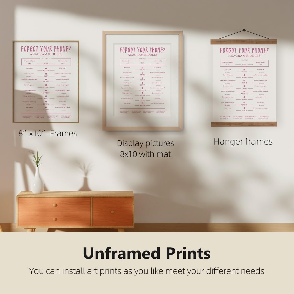 ETVISO Funny Pink Bathroom Decor Wall Art Set of 4, Funny Crossword Puzzle Wall Art, Funny Forget Your Phone, Bathroom Word Search Wall Decor, 8x10 (Unframed)