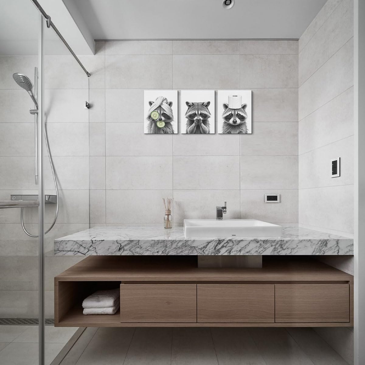 HZMLYDJ 3Pcs Adorable Raccoon Bathroom Wall Art, Modern Black and White Animal Wall Decor Funny Bathroom Sign Wood Rustic Farmhouse Interestring Washroom laundry room Decorations Animal Prints Wall